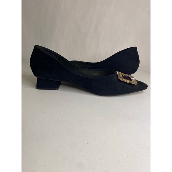 NEW C. Paravano Black Pointy Toe Low Heels Dress Pumps Rhinestone Buckle 42 11 - Picture 7 of 14